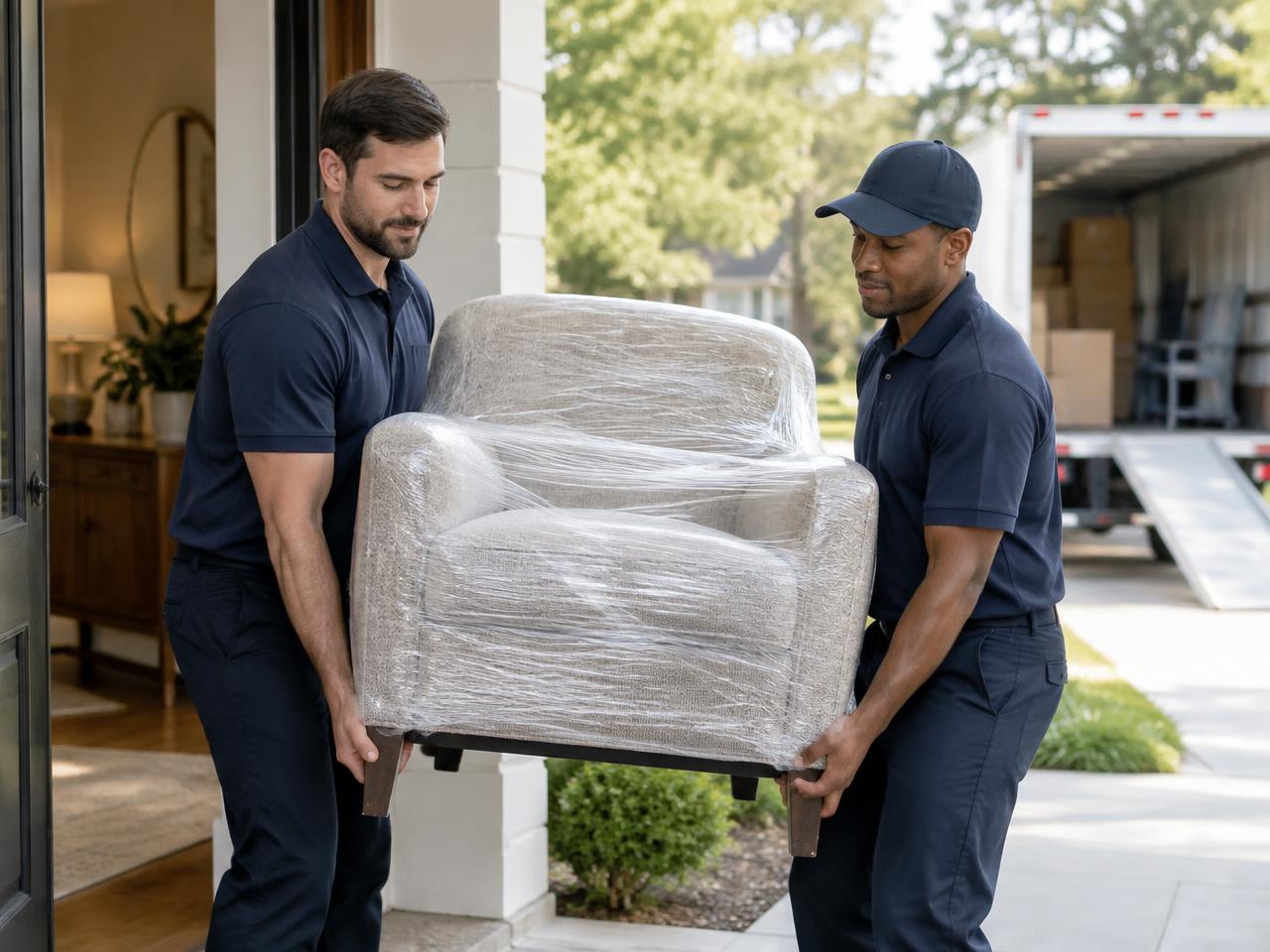 Two uniformed movers carefully carrying a wrapped armchair out of a family home to a moving truck